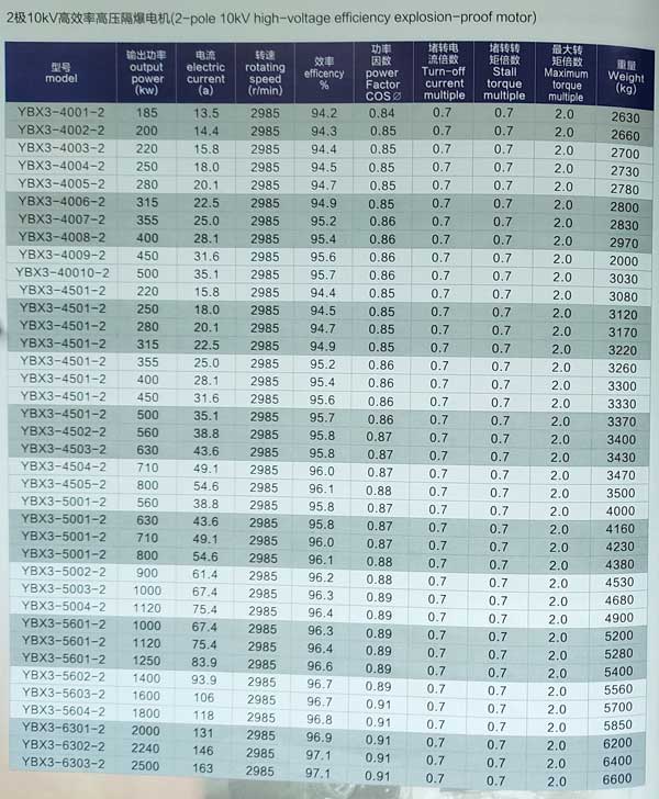 10kv高壓防爆電機(jī)參數(shù)表